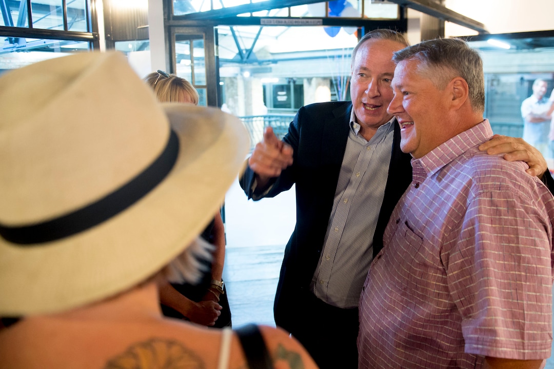 (Jeremy Harmon  |  The Salt Lake Tribune) Jim Dabakis talks with supporter Tom Love during an election night party in Salt Lake City on Tuesday, August 13, 2019.