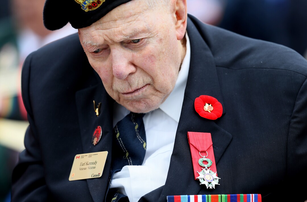 (David Vincent | AP) Canadian World War II and D-Day veteran Earl Kennedy attends a commemoration ceremony at the Beny-sur-Mer Canadian War Cemetery in Reviers, Normandy, France, Wednesday, June 5, 2019. A ceremony was held on Wednesday for Canadians who fought and died on the beaches and in the bitter bridgehead battles of Normandy during World War II.