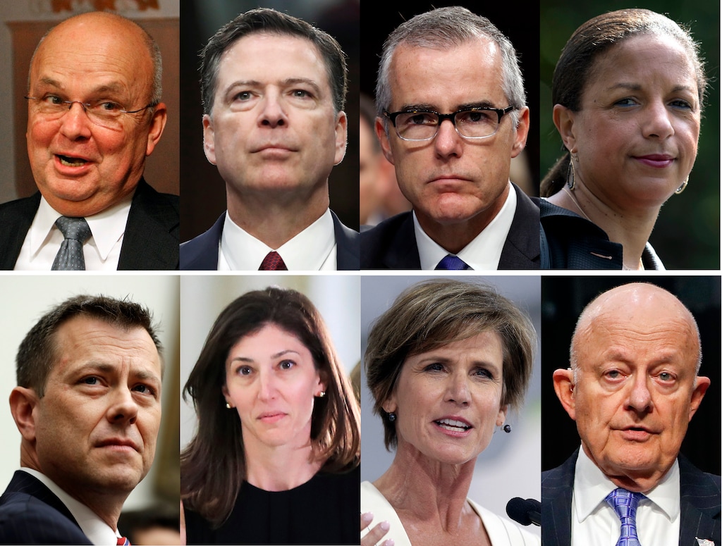 ADDS IDENTITY OF FORMER FBI LAWYER LISA PAGE  - These file photos, top row from left are former CIA Director Michael Hayden, former FBI Director James Comey, former acting FBI director Andrew McCabe and former national security adviser Susan Rice. Bottom row from left are former FBI Deputy Assistant Director Peter Strzok, former FBI lawyer Lisa Page, former Deputy Attorney General Sally Yates and former National Intelligence Director James Clapper. President Donald Trump acted Aug. 15, 2018, on a threat and revoked the security clearance of former CIA Director John Brennan, citing a constitutional responsibility to protect classified information. Trump says he is reviewing security clearances for nine other individuals, including the eight pictured. (AP Photo/Files)