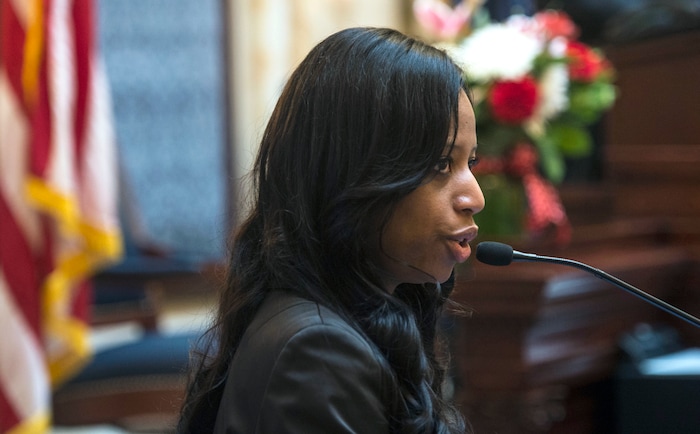 Steve Griffin | The Salt Lake Tribune
Rep. Mia Love speaks to members of the Senate as she visits the Utah Senate at the State Capitol in Salt Lake City Thursday February 23, 2017