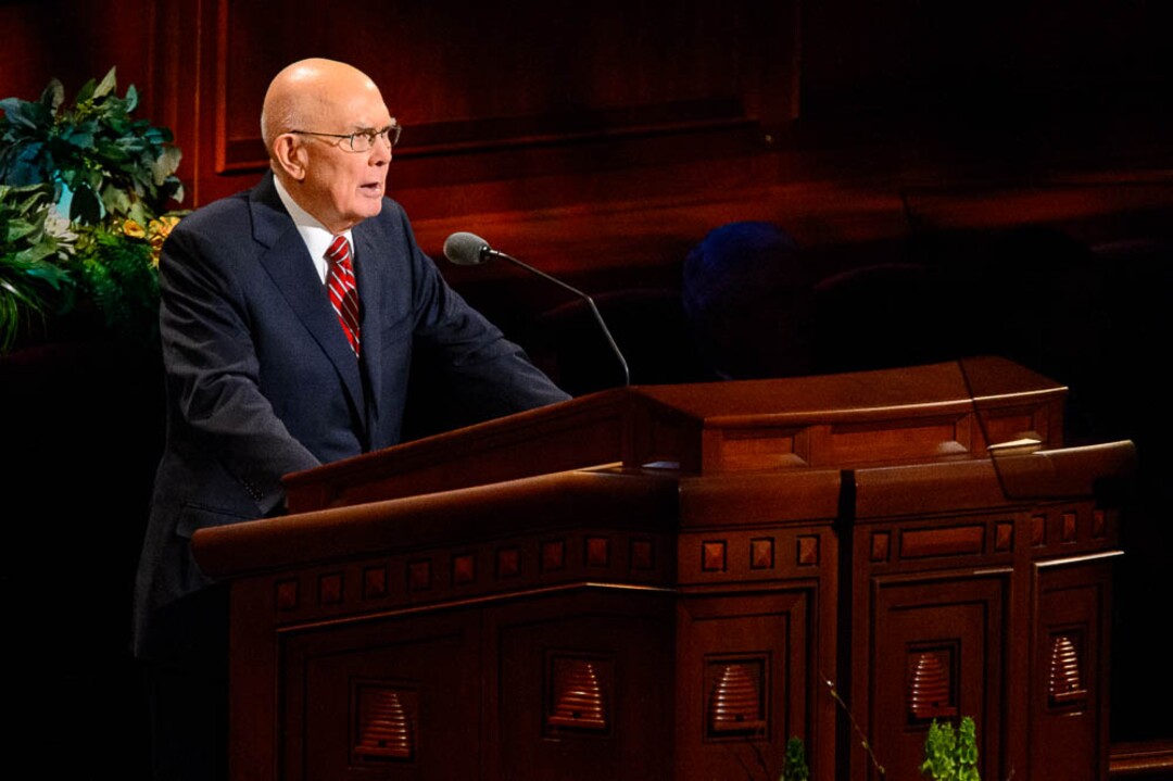 (Trent Nelson  |  The Salt Lake Tribune)  President Dallin H. Oaks speaks during the afternoon session of the189th Annual General Conference of The Church of Jesus Christ of Latter-day Saints in Salt Lake City on Sunday April 7, 2019.