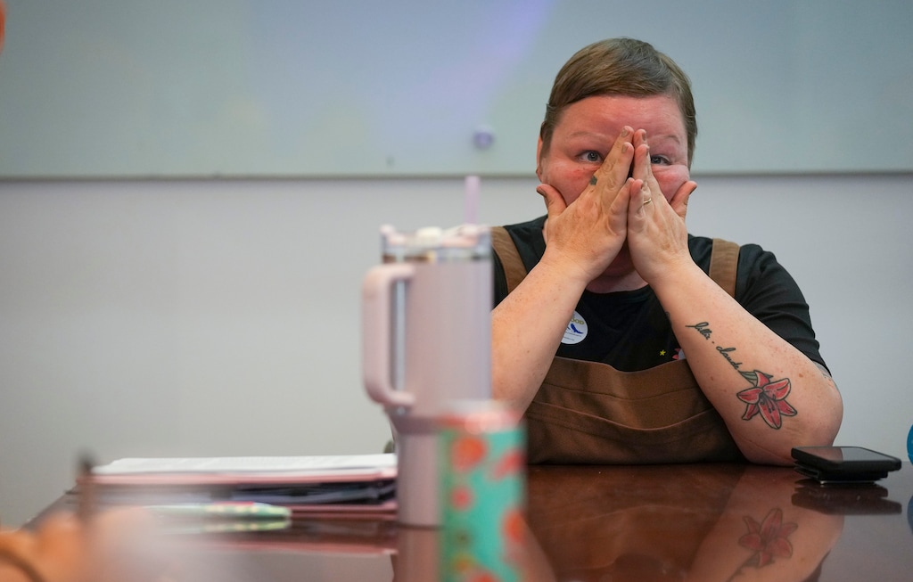 (Bethany Baker  |  The Salt Lake Tribune) Tifany Mulumba reacts as parents discuss concerns about the proposed Eastwood Elementary School closure during a meeting with The Salt Lake Tribune in Salt Lake City on Wednesday, Sept. 24, 2025.