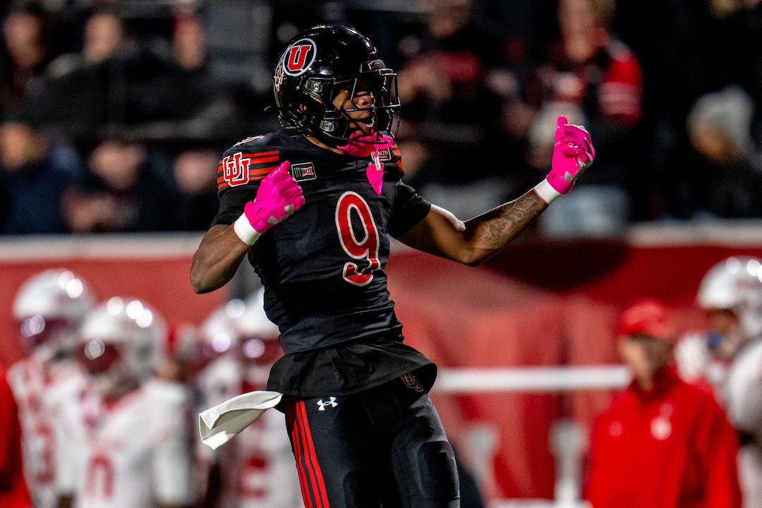 (Trent Nelson  |  The Salt Lake Tribune) Utah Utes cornerback Elijah Davis (9) celebrates a stop as Utah hosts Houston, NCAA football at Rice-Eccles Stadium in Salt Lake City on Saturday, Oct. 24, 2026.