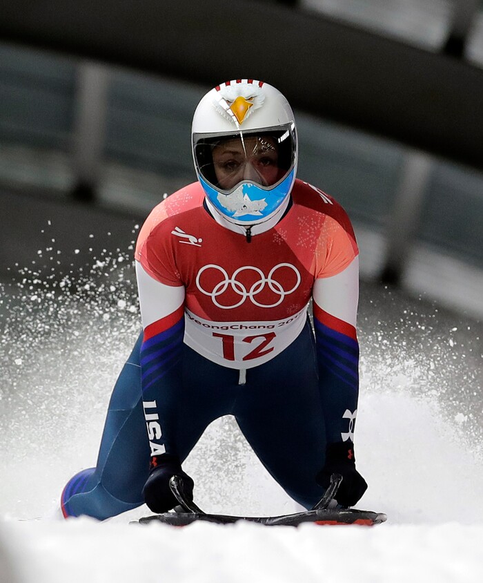 Katie Uhlaender of United States finishes her first run during the women's skeleton competition at the 2018 Winter Olympics in Pyeongchang, South Korea, Friday, Feb. 16, 2018. (AP Photo/Wong Maye-E)