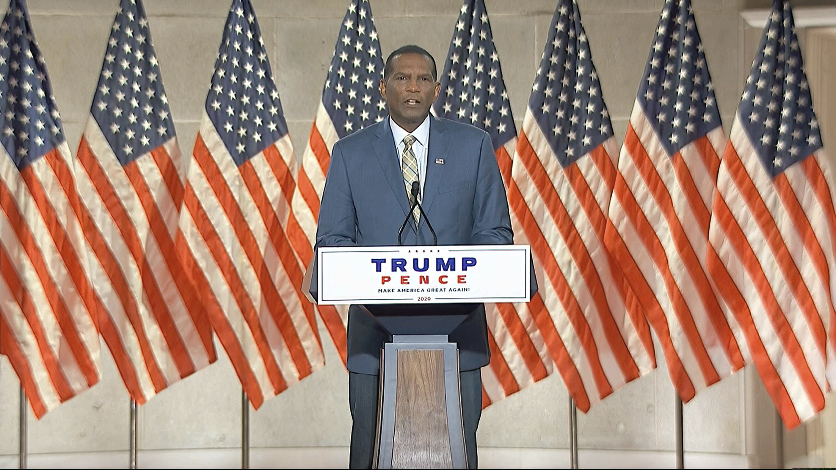(Photo courtesy of the Committee on Arrangements for the 2020 Republican National Committee via AP)  In this image from video, congressional candidate and former NFL player Burgess Owens speaks from Washington, during the third night of the Republican National Convention on Wednesday, Aug. 26, 2020.