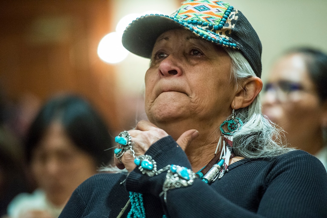 (Chris Detrick  |  The Salt Lake Tribune) Puebloan Laguna tribe member Renie Medina weeps during a press conference at the Salt Lake Marriott City Center Monday, December 4, 2017.  