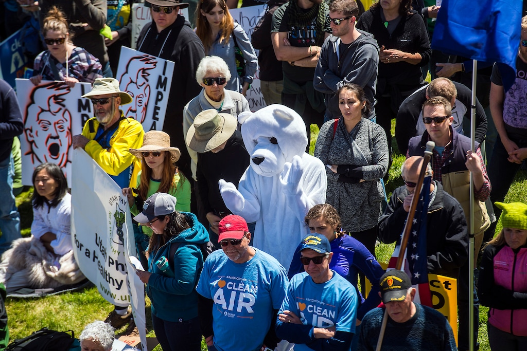 Chris Detrick  |  The Salt Lake TribuneParticipants rally at the Salt Lake City library during the Utah People's Climate March Saturday, April 29, 2017.  