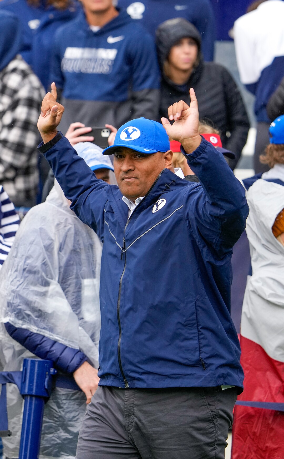 (Leah Hogsten | The Salt Lake Tribune) Brigham Young Cougars head coach Kalani Sitake takes the field as No. 10 Brigham Young University hosts Boise State at LaVell Edwards Stadium, Oct. 9, 2021.