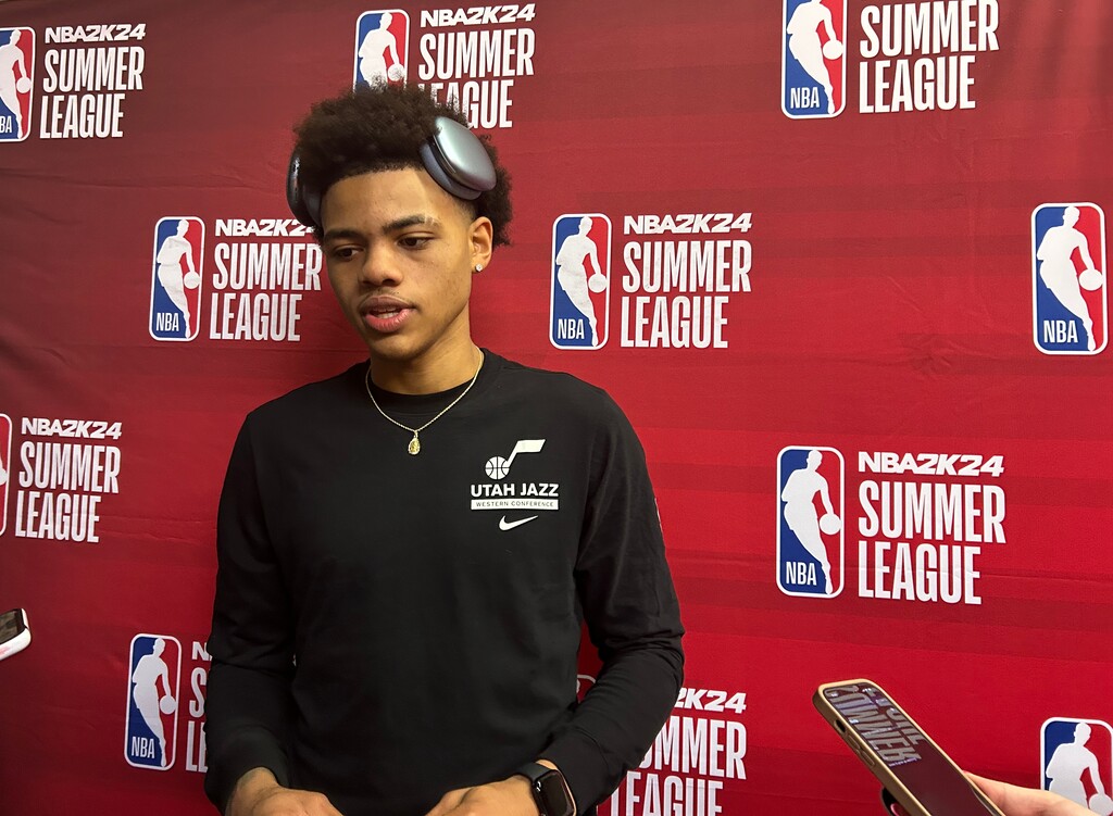 (Eric Walden  |  The Salt Lake Tribune) Utah Jazz rookie guard Keyonte George addresses the media after racking up 33 points and 10 assists vs. the Clippers at the Thomas & Mack Center in Las Vegas.