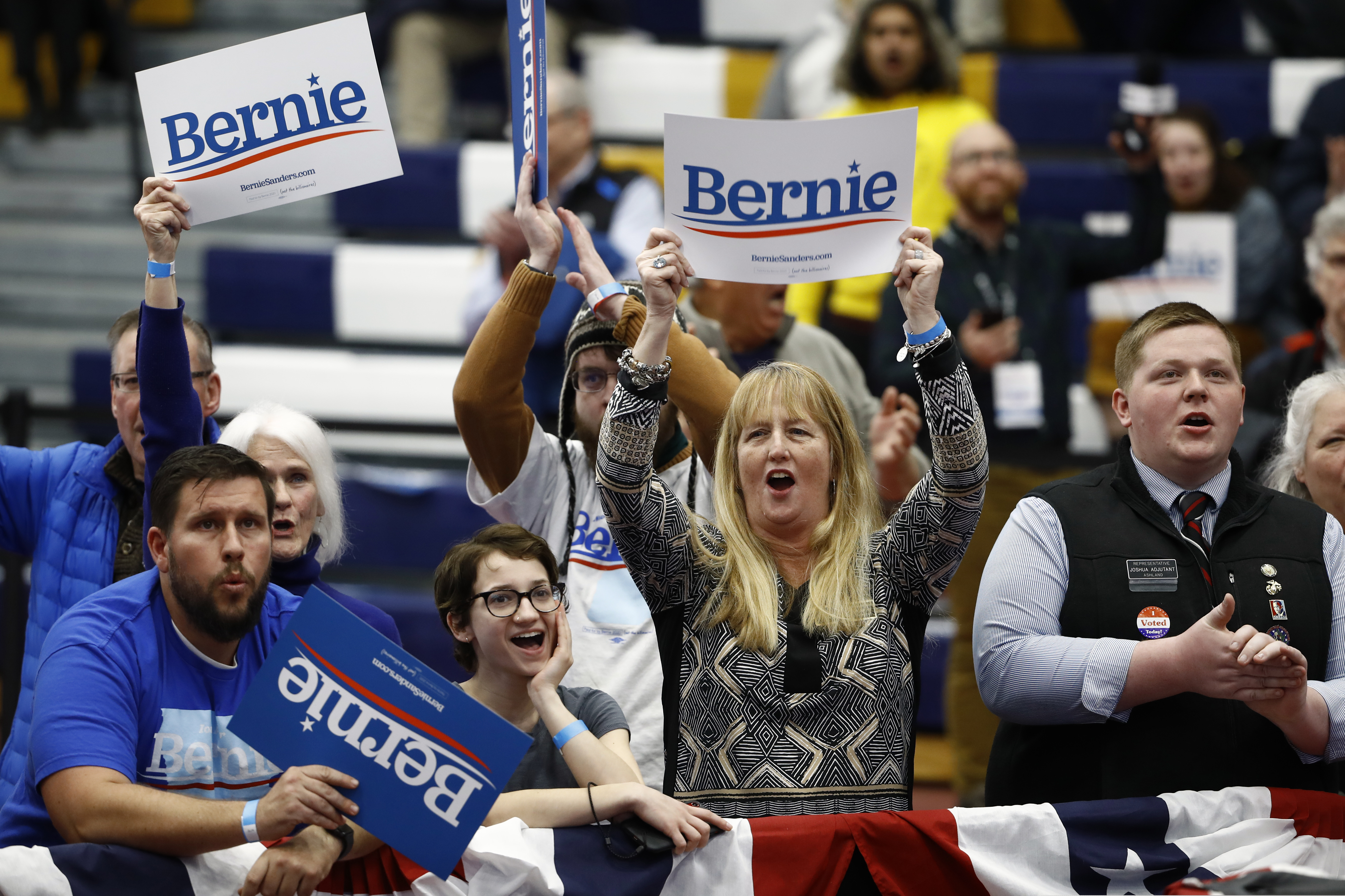 (Matt Rourke | AP) Supporters of Democratic presidential candidate Sen. Bernie Sanders, I-Vt., cheer as the polls close at a primary night election rally in Manchester, N.H., Tuesday, Feb. 11, 2020.