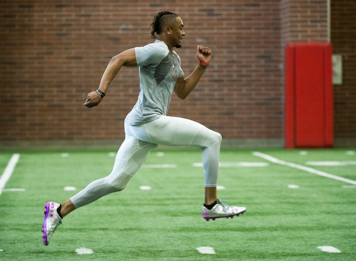 (Rick Egan  |  The Salt Lake Tribune)      Darren Carrington II, runs the 40-yard-dash, during University of Utah's 2018 Pro Day for NFL scouts, at Spence Eccles Field House, Wednesday, March 28, 2018.