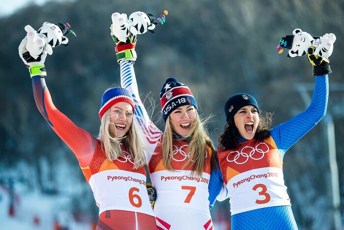 (Chris Detrick  |  The Salt Lake Tribune)  Italy's Federica Brignone, right, Norway's Ragnhild Mowinckel, left, and USA's Mikaela Shiffrin celebrate after Ladies' Giant Slalom at Yongpyong Alpine Centre during the Pyeongchang 2018 Winter Olympics Thursday, Feb. 15, 2018.  Shiffrin won the event with a time of 2:20.02. Mowinckel won silver and Brignone won bronze. 