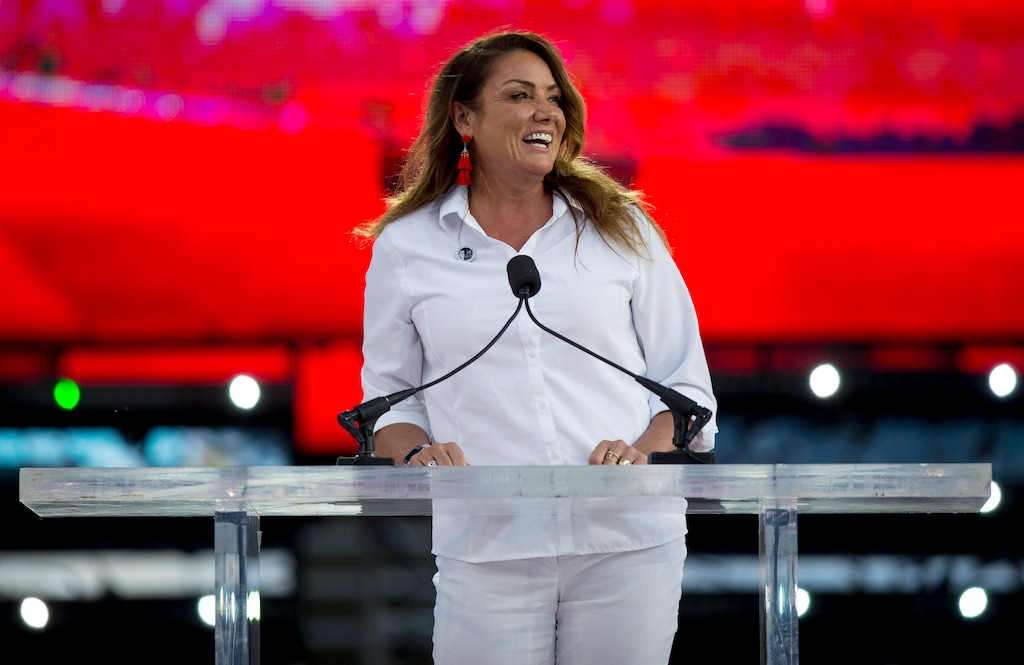 (Isaac Hale | The Daily Herald via AP file photo)  Provo Mayor Michelle Kaufusi speaks during Stadium of Fire at LaVell Edwards Stadium in Provo, Utah, on July 4, 2019.