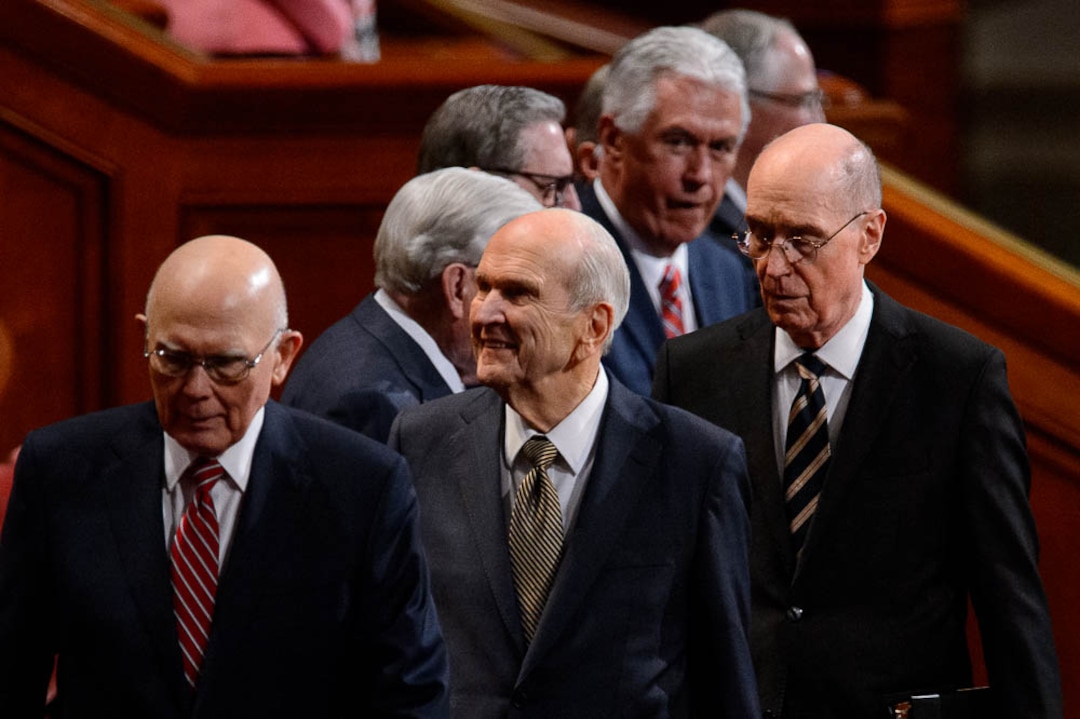 (Trent Nelson  |  The Salt Lake Tribune)  President Dallin H. Oaks, President Russell M. Nelson, and President Henry B. Eyring arrive at the afternoon session of the189th Annual General Conference of The Church of Jesus Christ of Latter-day Saints in Salt Lake City on Sunday April 7, 2019.