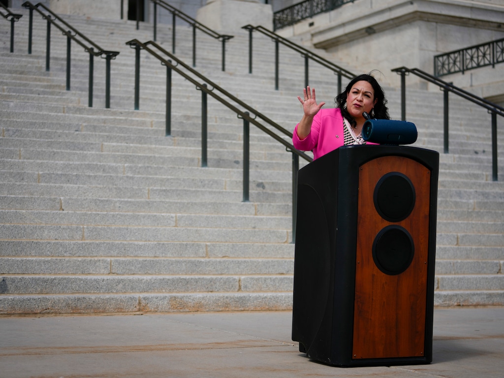 (Bethany Baker  |  The Salt Lake Tribune) Senate Minority Leader Luz Escamilla, D-Salt Lake City, speaks during a rally to demand funding for child care at the Utah Capitol in May 2024. Escamilla co-chairs the Women in the Economy Commission.