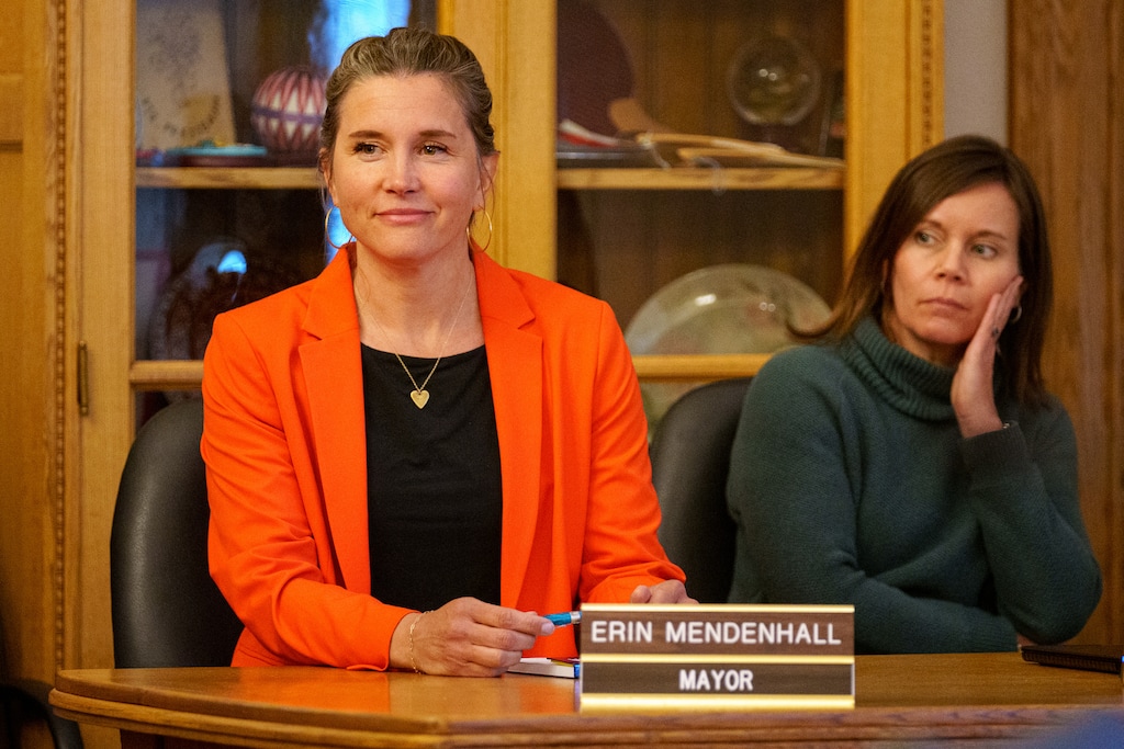 (Trent Nelson  |  The Salt Lake Tribune) Salt Lake City Mayor Erin Mendenhall during a meeting about the proposed downtown sports and entertainment district on Tuesday, May 7, 2024