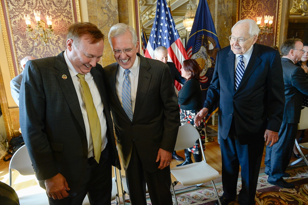 Francisco Kjolseth  |  The Salt Lake Tribune Sen. Jim Dabakis, D-Salt Lake, left, greets top Mormon leaders, including apostle D. Todd Christofferson, center, and L. Tom Perry, second in line for the LDS Church's presidency, as they appear at a news conference at the Capitol to publicly endorse nondiscrimination bill SB296. 