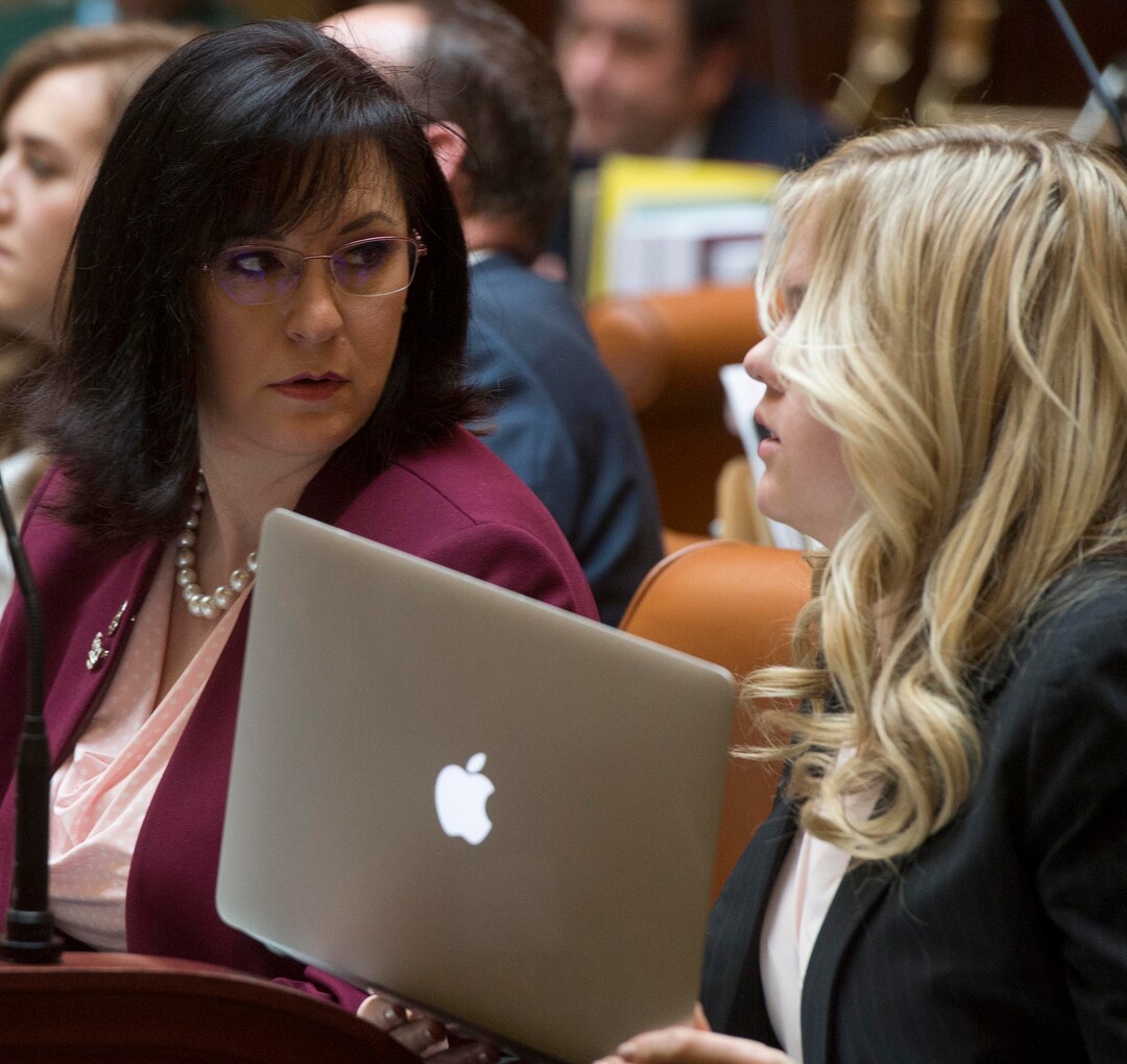 (Rick Egan  |  The Salt Lake Tribune)   Rep. Kim Coleman talks with her intern Kate Wheeler in the Utah House of Representatives, Friday, March 2, 2018.