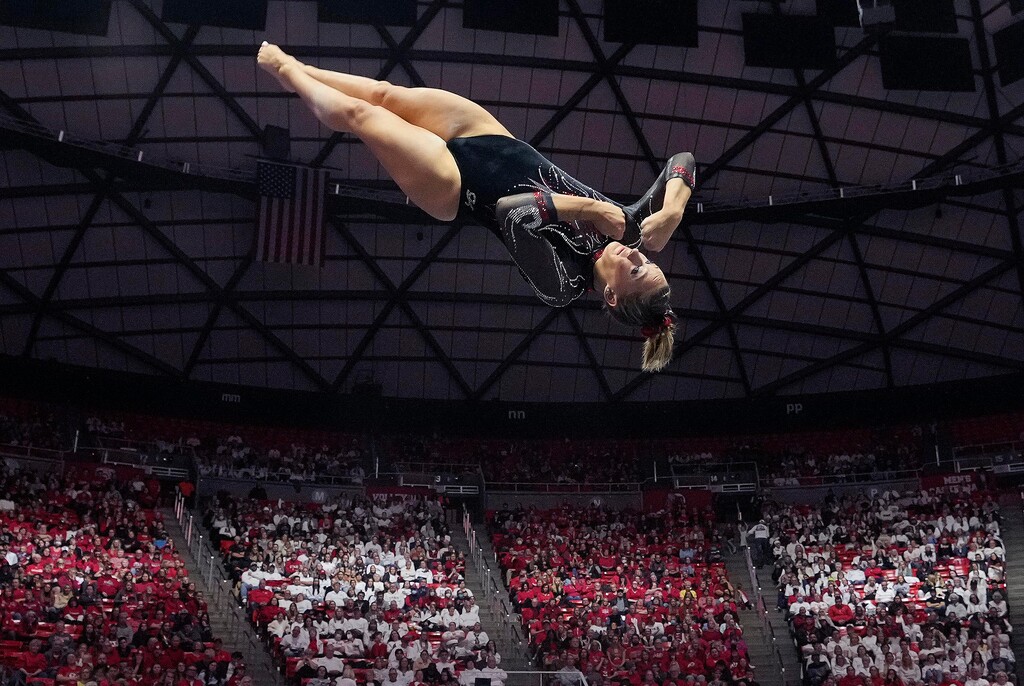 (Leah Hogsten | The Salt Lake Tribune) Makenna Smith performs her floor routine as the No. 3 University of Utah hosts No. 6 LSU during the Utes season opener at the Huntsman Center, Jan. 6, 2023.