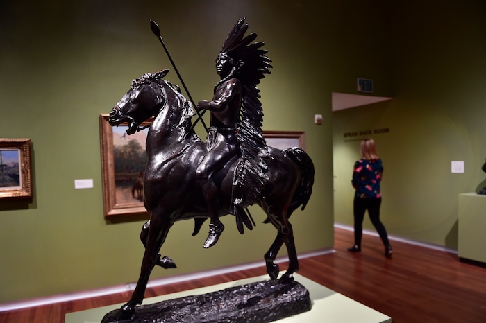(Scott Sommerdorf | The Salt Lake Tribune)
Alexander Phimister Proctor's bronze "Indian Warrior" - 1900-1902 is displayed as part of the Utah Museum of Fine Art's new special exhibit of the touring show "Go West!" - Art of the American Frontier from the Buffalo Bill Center of the West, Wednesday, November 29, 2017.
The exhibit opens to the public on Sunday, Dec 3.