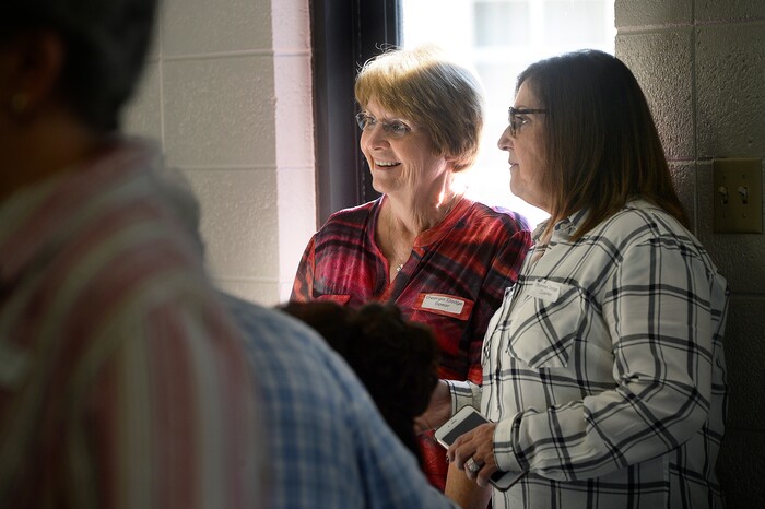 (Scott Sommerdorf | The Salt Lake Tribune) Georgia Dodge Spear, left, beams out at a gathering of Utah and Pennsylvania families as they gathered for a reunion in Bountiful, Thursday, November 9, 2017.
