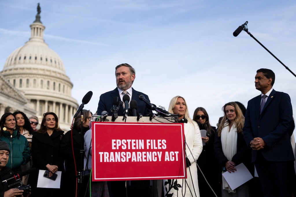(Tierney L. Cross | The New York Times) Rep. Thomas Massie, R-Ky., speaks at a news conference on the Epstein Files Transparency Act outside the Capitol in Washington, on Tuesday, Nov. 18, 2025.
