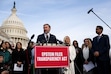 (Tierney L. Cross | The New York Times) Rep. Thomas Massie, R-Ky., speaks at a news conference on the Epstein Files Transparency Act outside the Capitol in Washington, on Tuesday, Nov. 18, 2025. Reps. Marjorie Taylor Greene, R-Ga., fourth from right, and Ro Khanna, D-Calif., right, join him. The House was expected to vote overwhelmingly on Tuesday to demand that the Justice Department release all files related to its investigation into the convicted sex offender Jeffrey Epstein, an action that Republicans worked for months to avoid.
