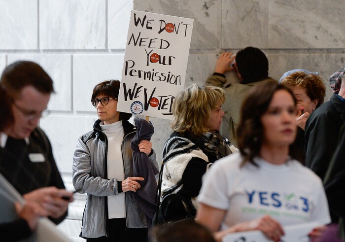 (Francisco Kjolseth  |  The Salt Lake Tribune)  Kathy Adams joins over 300 demonstrators in the Capitol rotunda on Monday, Jan, 28, 2019, on the first day of the Legislative session to rally in support of protecting Proposition 3, the Medicaid Expansion law recently passed by voters.