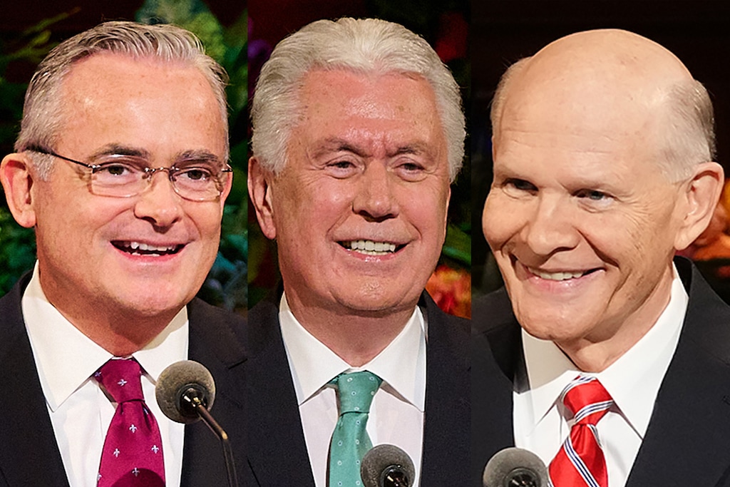 (The Church of Jesus Christ of Latter-day Saints) Apostles Patrick Kearon, left, Dieter F. Uchtdorf and Dale G. Renlund.