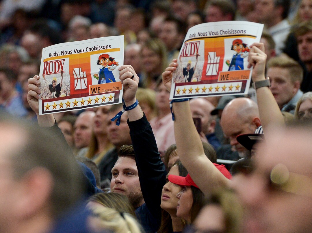 Leah Hogsten  |  The Salt Lake Tribune  Fans hold signs supporting Utah Jazz center Rudy Gobert (27) as the Utah Jazz take on the Atlanta Hawks, Feb. 1, 2019 at Vivint Smart Home Arena. 