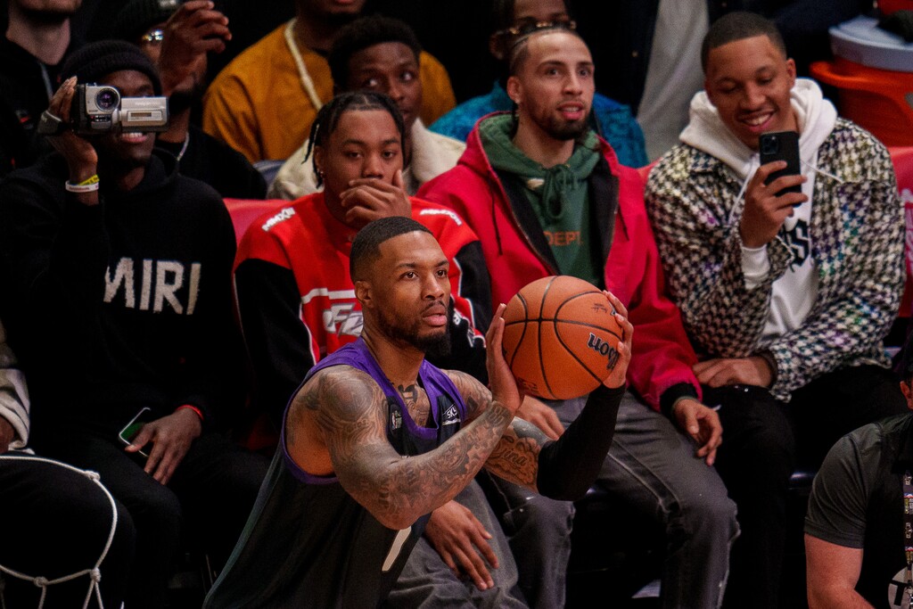 (Trent Nelson  |  The Salt Lake Tribune) Damian Lillard, Portland Trail Blazers (0) wins the 3-Point Contest as part of NBA All-Star Weekend, in Salt Lake City on Saturday, Feb. 18, 2023.