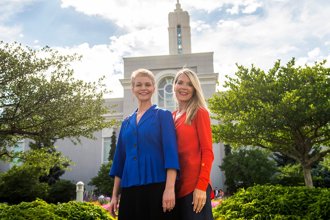 Chris Detrick  |  The Salt Lake TribuneSharlee Mullins Glenn and Melissa Dalton-Bradford pose for a portrait outside of the Mount Timpanogos Utah Temple Thursday, July 20, 2017. 