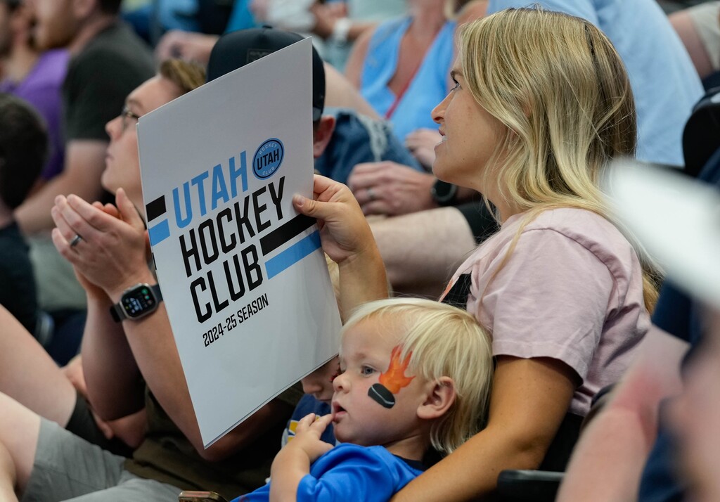 (Francisco Kjolseth | The Salt Lake Tribune) Hockey fans join the fun as the Utah Hockey Club hosts their first NHL draft party at the Delta Center on Friday, June 28, 2024.