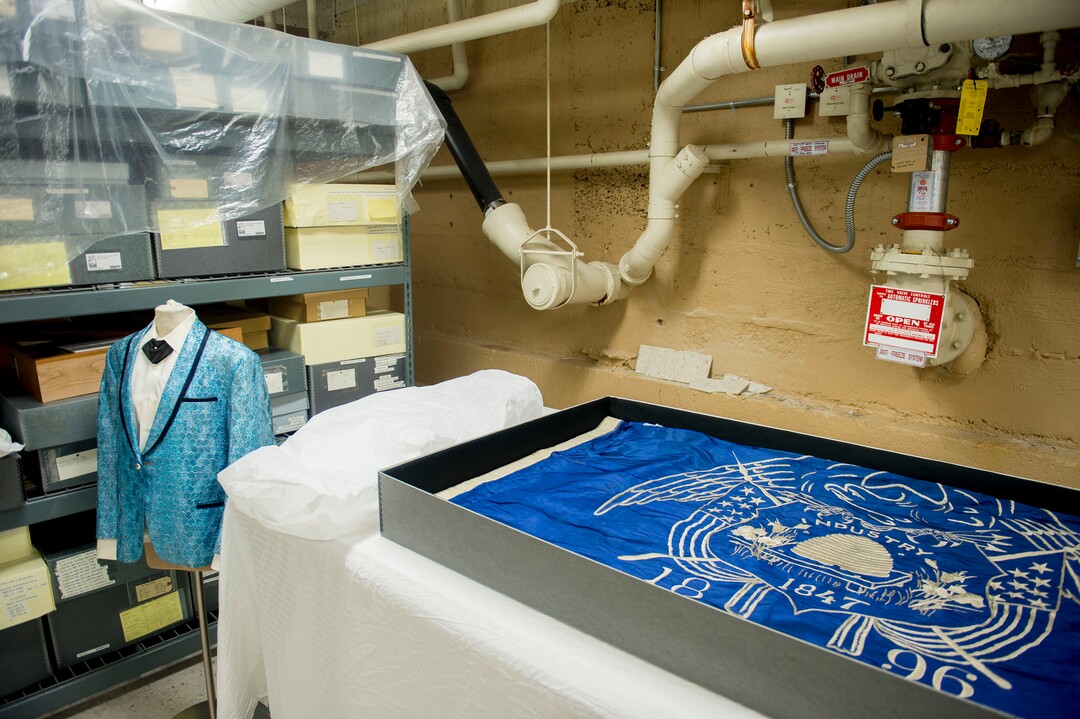 (Jeremy Harmon  |  The Salt Lake Tribune) Utah's first flag sits on a work table in the basement of the Rio Grande Depot, home of the Utah state historical offices, on Feb. 15, 2018. Archivists are concerned about the current storage facility and the potential for serious damage from water to the collection of artifacts and documents it houses.