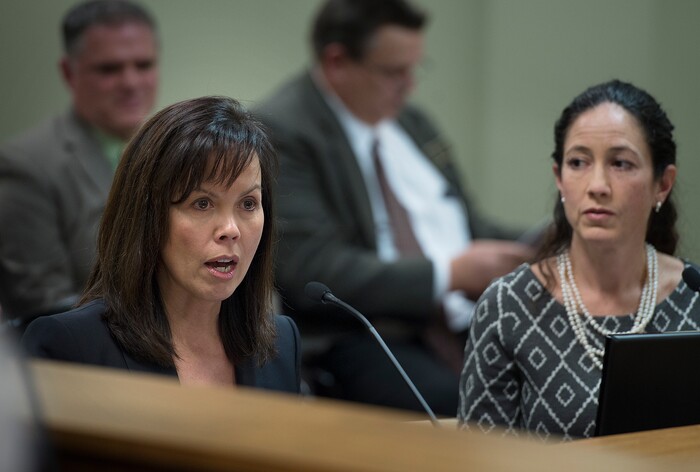 (Scott Sommerdorf   |  The Salt Lake Tribune)   
Juvenile Justice Services director Susan Burke, left,  answers questions during the Legislative Audit Committee's hearing on a "Performance Audit of Juvenile Justice Services", Thursday, January 25, 2018.