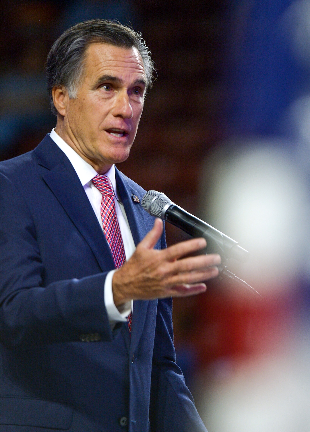 (Leah Hogsten  |  The Salt Lake Tribune) U. S. Senate candidate Mitt Romney delivers his speech to the delegates at the Utah Republican Nominating Convention Saturday, April 21, 2018 at the Maverik Center. 