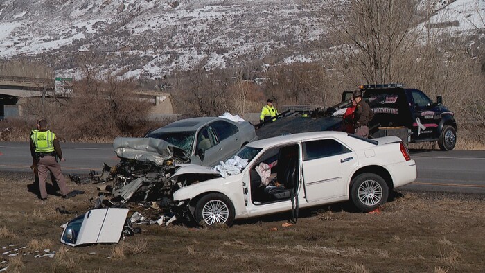 (Courtesy KUTV) Two people are dead after a 91-year-old man driving the wrong way on Legacy Parkway collided head-on with another car on Wednesday afternoon.