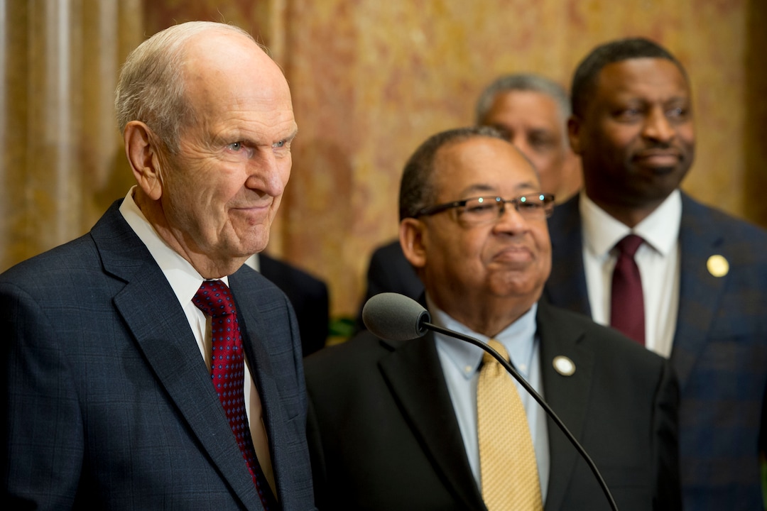 (Jeremy Harmon  |  The Salt Lake Tribune) President Russell M. Nelson of The Church of Jesus Christ of Latter-day Saints appears with NAACP leaders Leon Russell, center, and Derrick Johnson on May 17, 2018, where the two groups emphasized a need for greater civility and called for an end to prejudice. 