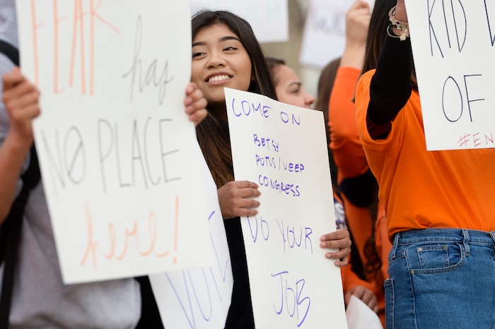 (Leah Hogsten  |  The Salt Lake Tribune) East High School sophomore Ruth Estrada made a sign that read, "Come on BETSY, POTUS/VEEP, CONGRESS. DO YOUR JOB." Exactly one month after 17 people were killed at Marjory Stoneman Douglas High School in Parkland, survivors of the massacre joined tens of thousands of students across the United States by walking out of school,  Wednesday, March 14, 2018. 