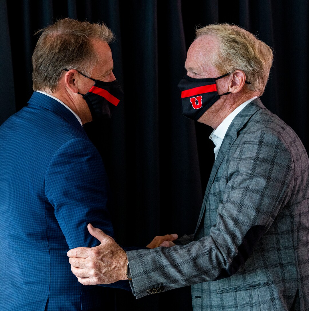 (Rick Egan | The Salt Lake Tribune) Taylor R. Randall shakes hands with board member Jim Sorenson, after the University of Utah announced that he was the new President of the University of Utah, during a news conference, on Thursday, Aug. 5, 2021.
