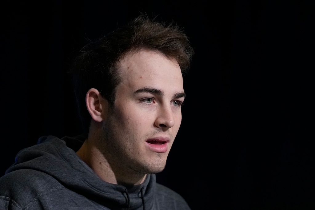 Utah tight end Dalton Kincaid speaks during a news conference at the NFL football scouting combine in Indianapolis, Friday, March 3, 2023. (AP Photo/Darron Cummings)