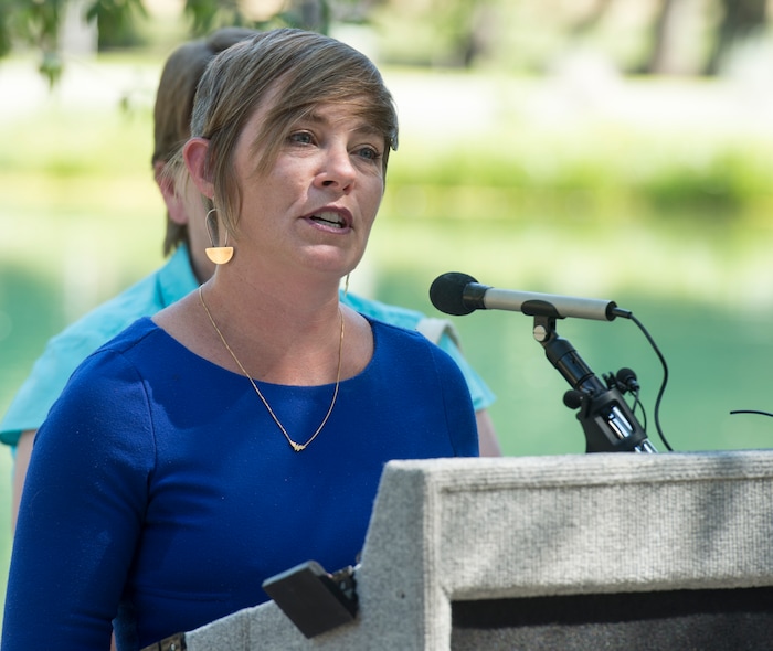(Rick Egan  |  The Salt Lake Tribune)       Amy Fowler, Salt Lake City council member, speaks at the grand reopening celebration for Fairmont Park Pond, Wednesday, June 27, 2018.