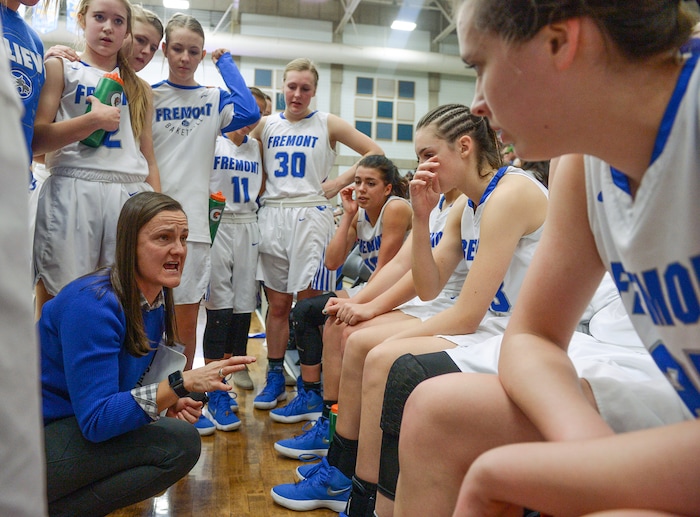 (Leah Hogsten  |  The Salt Lake Tribune) Fremont's head coach Lisa Dalebout gives directives during a timeout. Fremont defeated Bingham 61-47 to win the 6A High School Girls' Basketball Tournament title at SLCC in Taylorsville,Saturday, Feb. 24, 2018. 