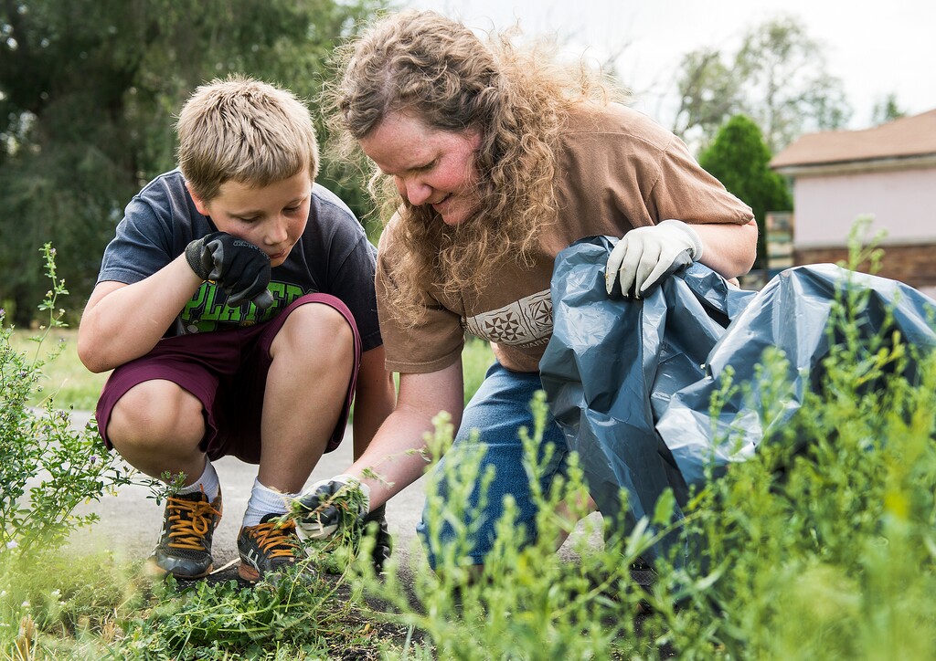 (Leah Hogsten  |  The Salt Lake Tribune) Jacob Baker and his mother, Kristi, remove puncturevine at Modesto Park during the annual Get Into The River celebration along the banks and throughout the parks of the Jordan River, September 9, 2017, in conjunction with the 9/11 National Day of Service and Remembrance.