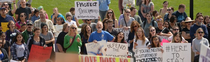 (Leah Hogsten  |  The Salt Lake Tribune) Hundreds of “We are Dreamers,” a Utah pro-Deferred Action for Childhood Arrival (DACA) group, marched in solidarity from the Utah Federal Building to the State Capitol with undocumented immigrants who will be affected by the end of DACA. 