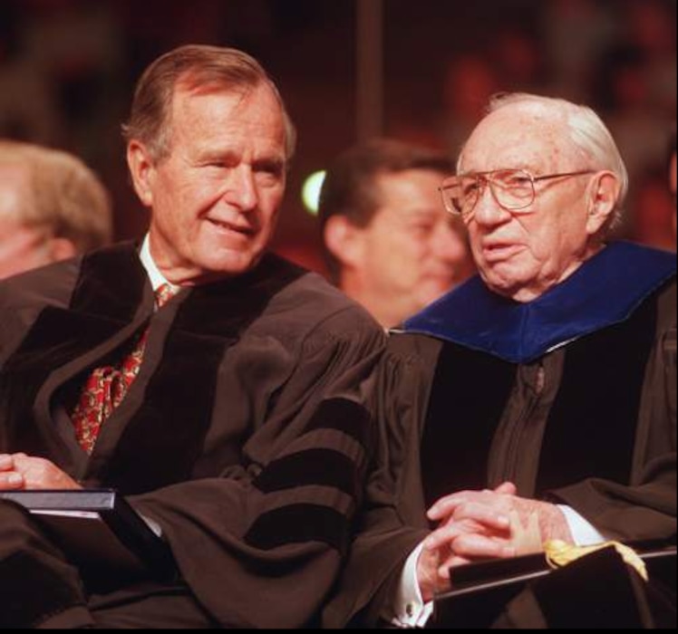 (Tribune file photo) Former President George H. W. Bush visits with Church of Jesus Christ of Latter-day Saints President Gordon B. Hinckley before the 100th anniversary observance at Southern Utah University on May 2, 1997.