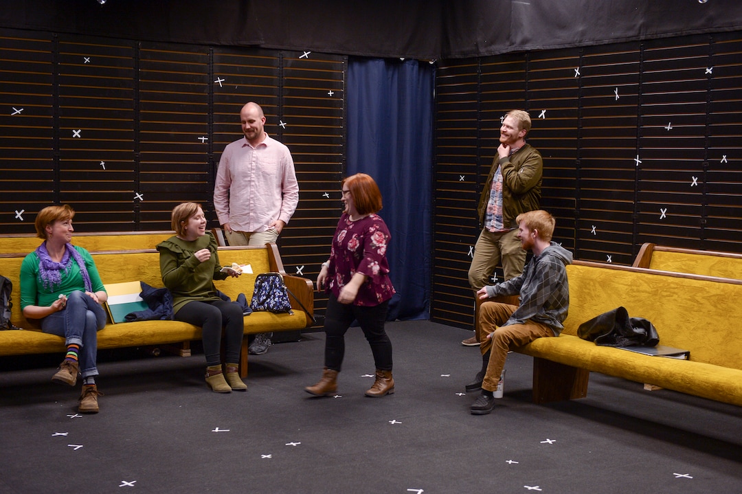 (Leah Hogsten  |  The Salt Lake Tribune) An Other Theater Co. co-artistic directors Taylor Jack Nelson and Kacey Spadafora talk with cast members of the upcoming play "Six Characters In Search of An Author," on Tuesday, Feb. 13, 2018. An Other Theater Co., located inside the Provo Towne Center Mall, aims to bring edgier productions to Utah County.