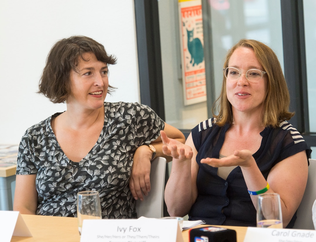 (Rick Egan  |  The Salt Lake Tribune)    Leah Farrell (left) and Ivy Fox (center), original plaintiffs from the East High Gay/Straight Alliance vs. Board of Education of Salt Lake City, join Carol Gnade (right)  during a panel discussion on the 20th anniversary of a landmark lawsuit, at the Utah Pride Center, Friday, Aug. 3, 2018.