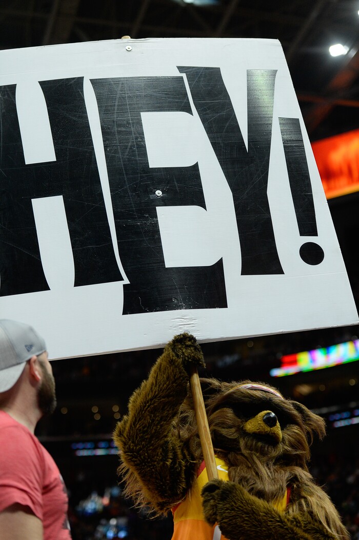 (Francisco Kjolseth  |  The Salt Lake Tribune)  The Utah Jazz Bear gets the crowd cheering against the Kings during the second half of the NBA game at Vivint Smart Home Arena Wed., Nov. 21, 2018, in Salt Lake City.