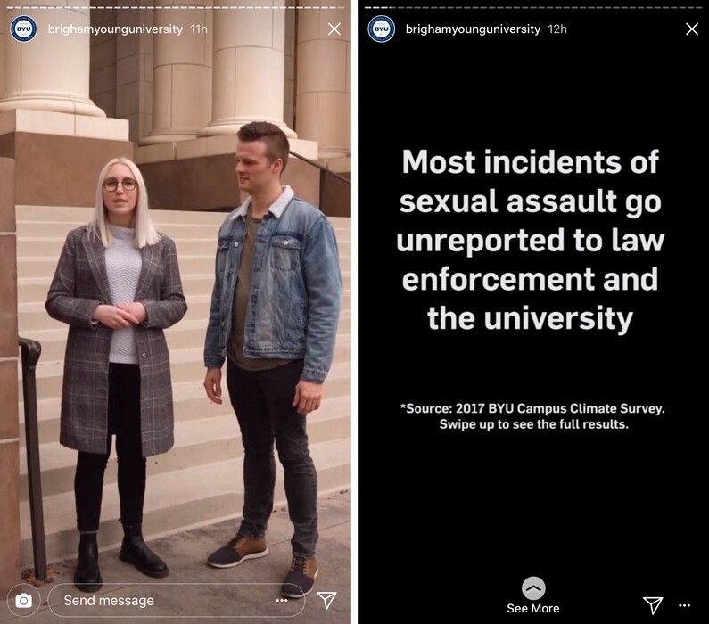 (Composite created by The Salt Lake Tribune) Screenshots from Brigham Young University’s Tuesday Instagram Story show students John Kenning and Summer Herlevi, who appeared in small videos to educate the campus community about sexual assault issues. The university turned to Instagram Stories to reach students where they are, after a November campus climate survey showed many didn’t know key information about sexual assault and resources on campus.